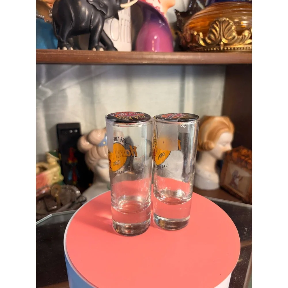 Hard Rock Cafe Las Vegas Save The Planet Shot Glass Pair with Pin Backs Clear